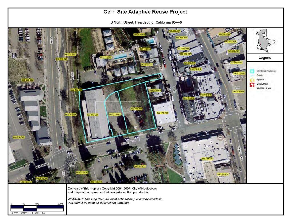 An overhead map of the 3 North St. parcel owned by the city of Healdsburg. The site, also known as both the Cerri and Purity property, has long been planned for a community event space, but could also be redeveloped for affordable housing. (City of Healdsburg)