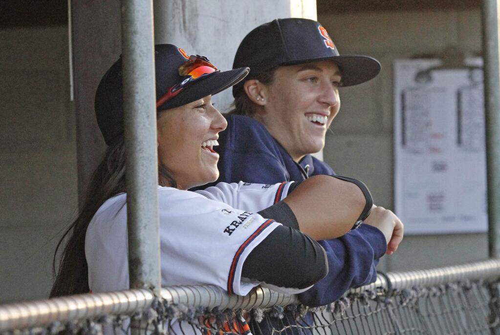 Sonoma Stompers Kelsie Whitmore, left, and Stacy Piagno share a light moment during a 2016 game. Whitmore and Piagno were both named to the named two of the 20 players to the 2018 Women's National Team roster.