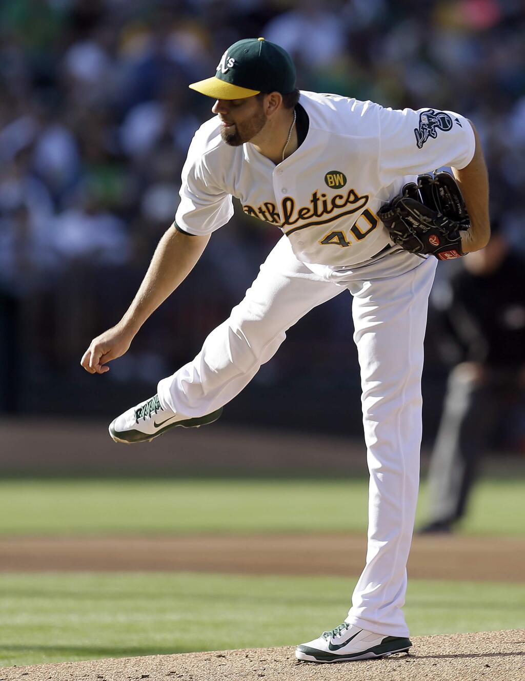 A's starter Jason Hammel works against the Baltimore Orioles in the first inning of Saturday's game in Oakland. (Ben Margot/Associated Press)