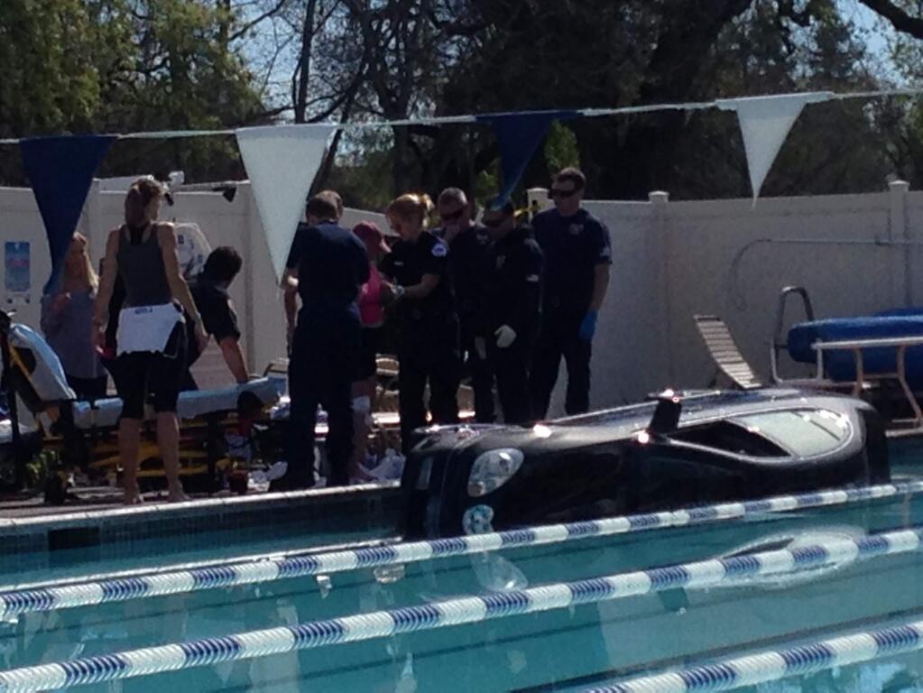A car crash landed into the lap pool at the Airport Health Club in Santa Rosa, Friday, March 13, 2015. (PHOTO COURTESY COREY HAMMELL)