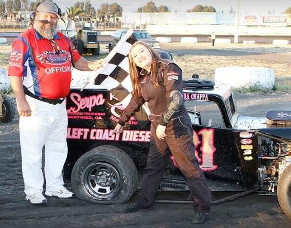 PHOTO BY ACTION CAPTURED IMAGESMiranda Chappa won the Dwarf Car Main Event on a right rear flat tire.