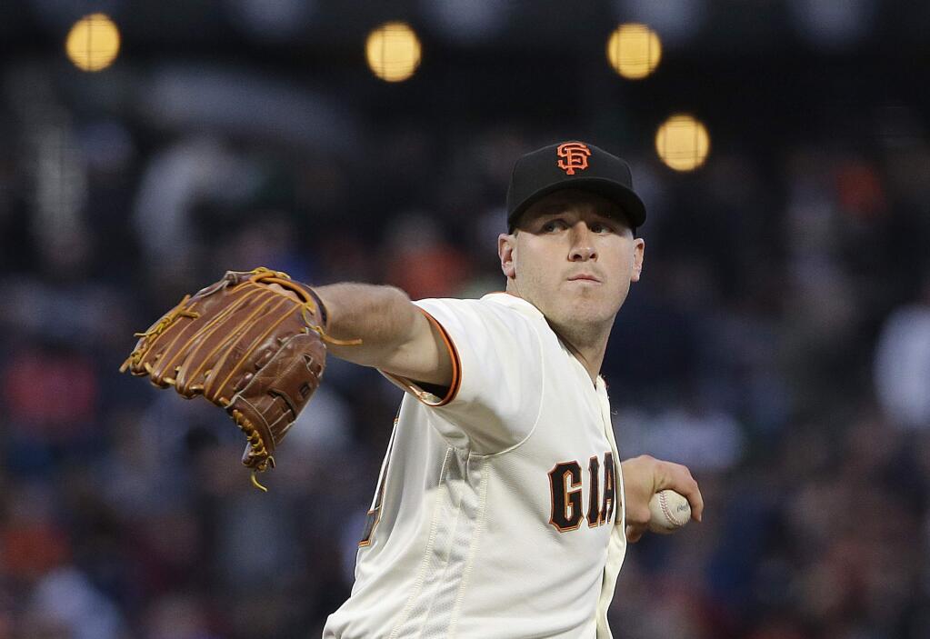 San Francisco Giants pitcher Ty Blach throws to a Cleveland Indians batter during the fourth inning of a baseball game in San Francisco, Tuesday, July 18, 2017. (AP Photo/Jeff Chiu)