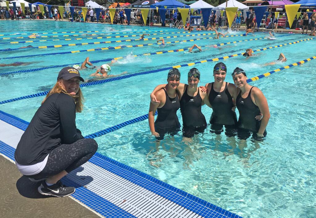 Submitted photoRelay team swims in NCSThe Sonoma Valley High 4x50 girls free relay team qualified for the NCS meet last Friday in Concord. The relay team members are, from left, freshman Sofia Portello, freshman Charlotte Hunter, junior Hannah Ladouceur and junior Abby Parr. The team swam a 1:43.8 earning them 25th place. Coach Jane Hansen said they did a great job bettering their seed time, which was 1:45.3.