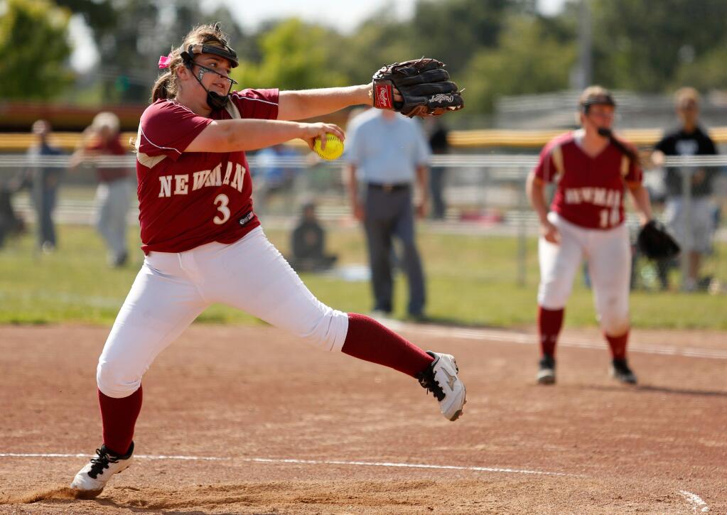 Cardinal Newman pitcher Lexi Raasch (3) throws during the NCS Division 4 softball first-round playoff game betwen Lower Lake and Cardinal Newman high schools in Santa Rosa, California on Tuesday, May 24, 2016. (Alvin Jornada / The Press Democrat)