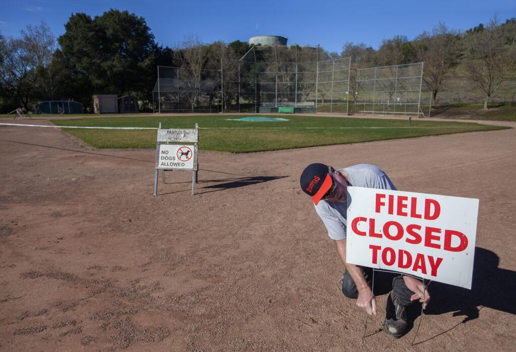 So that newly laid turf on the infield can establish itself, Fred Fagan, who maintains the grounds at the Field of Dreams, closes down use of the field for a few days. (Photo by Robbi Pengelly/Index-Tribune)