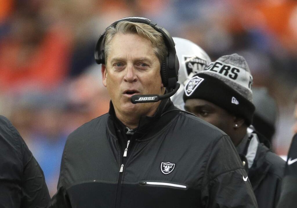 Oakland Raiders head coach Jack Del Rio talks on a headset in the first half of an NFL football game against the Denver Broncos, Sunday, Jan. 1, 2017, in Denver. (AP Photo/Joe Mahoney)