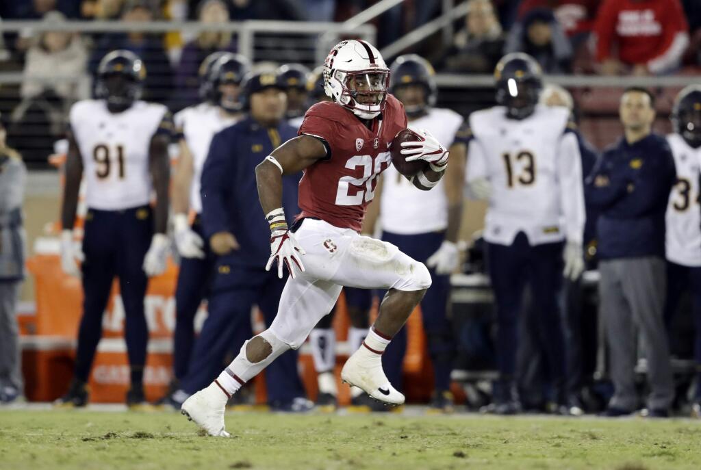 Stanford running back Bryce Love runs for a touchdown against Cal during the second half Saturday, Nov. 18, 2017, in Stanford. (AP Photo/Marcio Jose Sanchez)