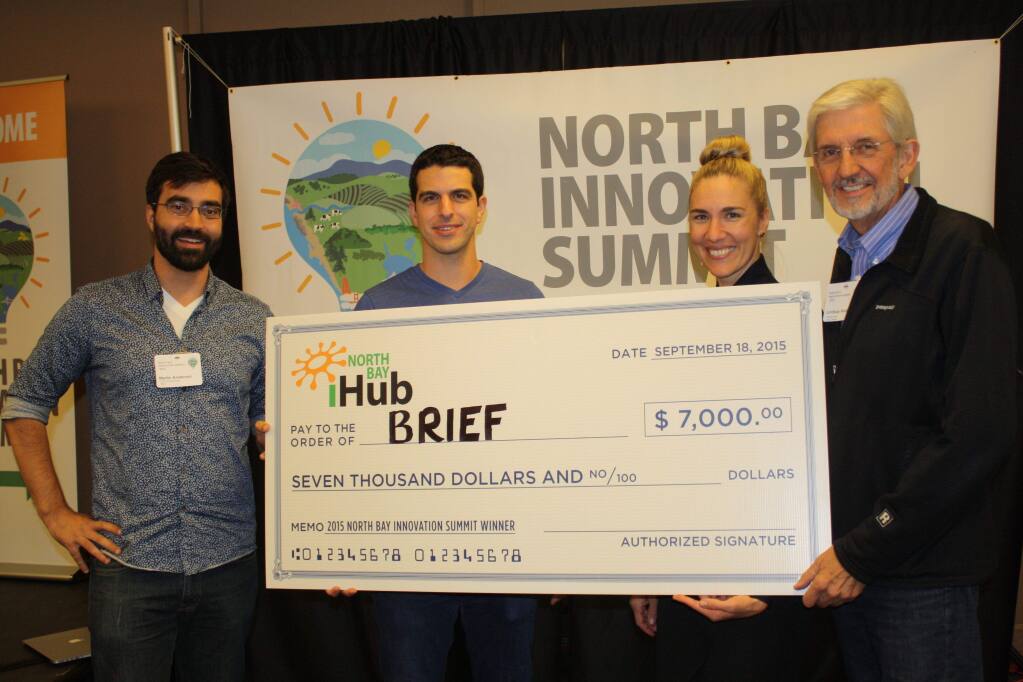 Brief inc. won the $7,000 prize as 2015 Top Innovator at the North Bay Innovation Summit. Shown are, from left, Martin Anderson, Brief CFO; Jared Ranere, CEO; Amee Sas, executive director of SoCo Nexus; and Lindsay Austin, board chairman of Sonoma Mountain Business Cluster. In the second year of the competition, held Sept. 18, 2015, 12 startups competed for recognition and cash awards. (Gary Quackenbush / North Bay Business Journal)