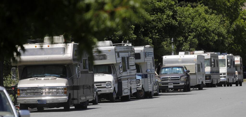 RVs line the side of Apollo Way in Santa Rosa on Wednesday, June 27, 2018. (BETH SCHLANKER/ PD)