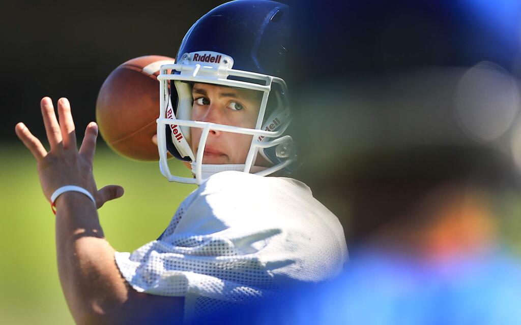 Analy High School quarterback Jack Newman during team practice, Thursday Aug. 25, 2016 in Sebastopol. (Kent Porter / Press Democrat)