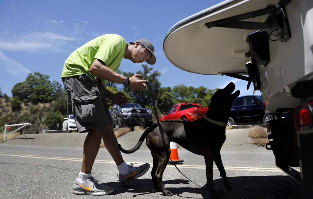 Felix Sunga of Mussel Dogs and Pearl, a pit bull mix, inspect a boat for invasive mussels before it enters the public boat launch at Lake Sonoma Sunday, June 3, 2018 north of Healdsburg, California. (BETH SCHLANKER/The Press Democrat)