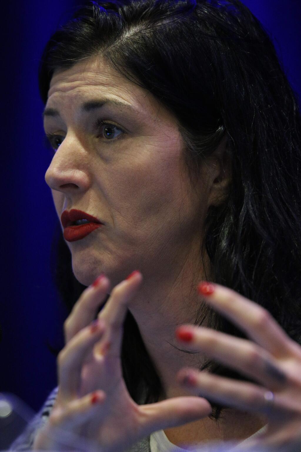 Serafina Palandech, president and co-founder of Hip Chick Farms, talks about how the Sebastopol-based startup is disrupting the market for chicken nuggets, speaking at North Bay Business Journal's Specialty Food & Beverage Industry Conference at Hyatt Regency Sonoma Wine Country hotel in Santa Rosa on Thursday, Feb. 28, 2019. (JEFF QUACKENBUSH / NORTH BAY BUSINESS JOURNAL)