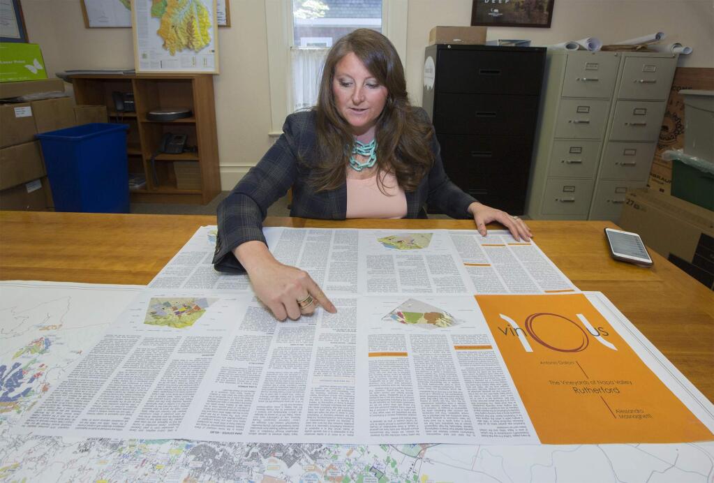 Sonoma Valley Vintners & Growers Alliance Executive Director Maureen Cottingham, shown here with a map of every single vineyard of at least a quarter acre in Sonoma Valley. (Photo by Robbi Pengelly/Index-Tribune)