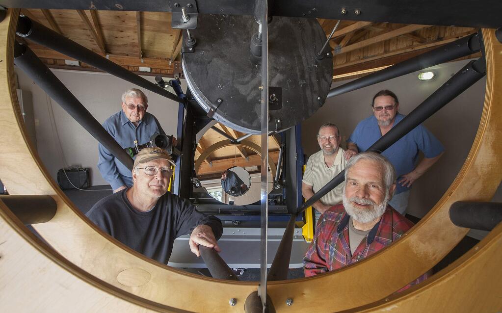 At Sugarloaf Ridge State Park in Kenwood, there is a new 40-inch telescope at the Robert Ferguson Observatory, built over a ten years by (clockwise from bottom left: Mark Hillestead, Larry McCune, George Loyer, Steve Follett, and Dickson Yeager. (Robbi Pengelly / Sonoma Index-Tribune)