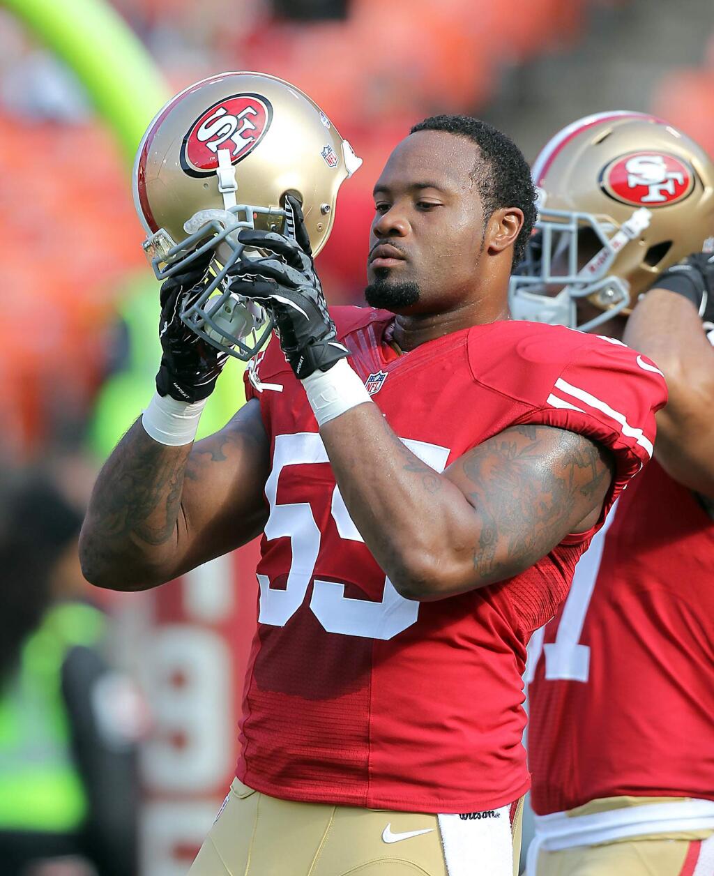 8/11/2013: C1: 49ers linebacker Ahmad Brooks assaulted a teammate, but refuses to discuss the incident. PC: San Francisco 49ers linebacker Ahmad Brooks. (John Burgess/The Press Democrat)