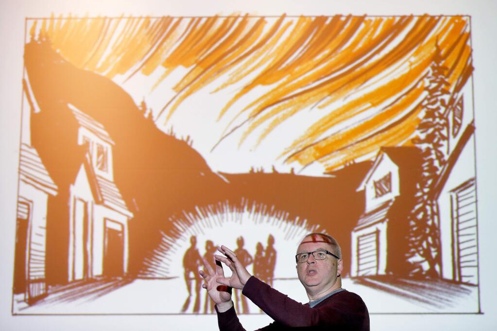 Graphic novelist Brian Fies talks about his comic narrative 'A Fire Story,' which is about the loss of his family's home in the Tubbs Fire, during Drawing Strength, a conversation and book signing to benefit fire relief efforts at the Charles M. Schulz Museum and Research Center in Santa Rosa, California on Saturday, December 9, 2017. (Alvin Jornada / The Press Democrat)