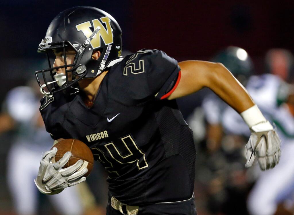 Senior wide receiver-safety Kobe Roman and the Windsor Jaguars will be opening their 2016 season Friday night, but what was to be a home game has been switched to Cardinal Newman High School because of unplayable field conditions at Windsor. (Alvin Jornada / The Press Democrat)