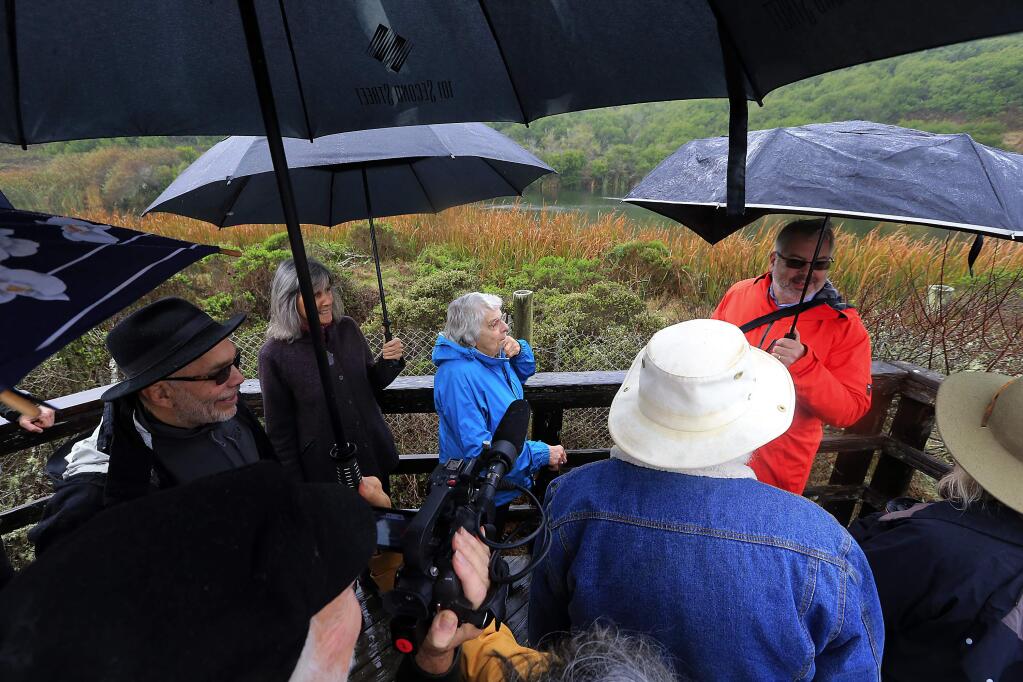 Berkeley Geology Professor Emeritus Doris Sloan, center, speaks about the history of protest that eventually led to the abandonment of a proposed nuclear power plant on Bodega Head at a gathering of anti-nuclear activists on Saturday, October 29, 2016. (John Burgess/The Press Democrat)