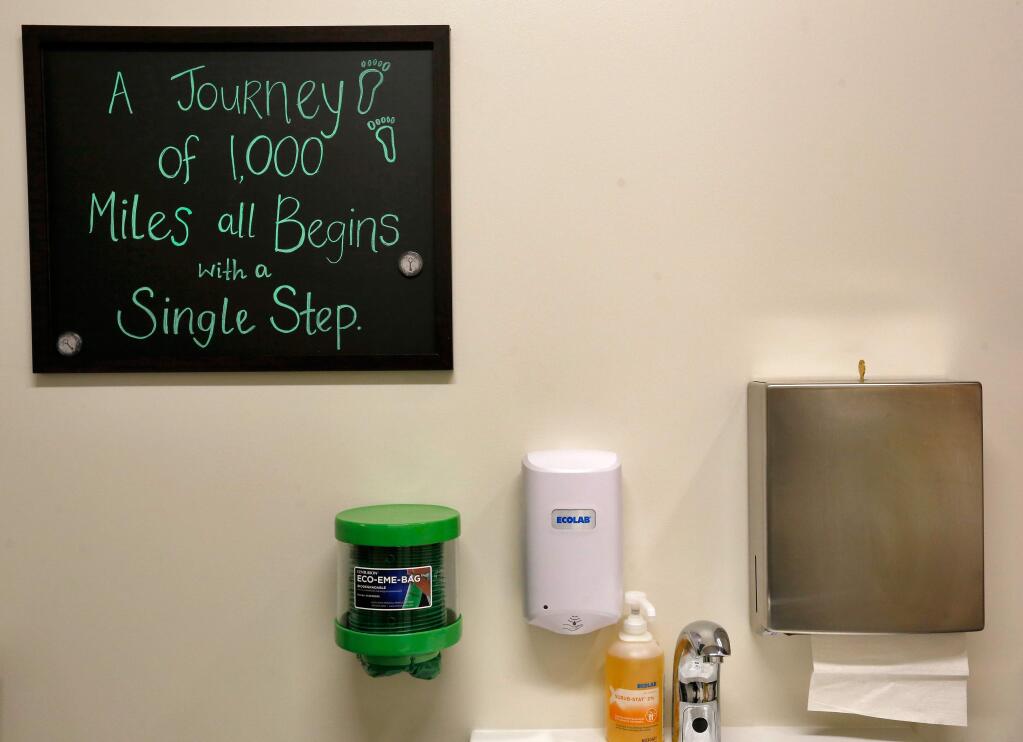 Encouraging statements are written on blackboards inside each patient examination room at the new Sutter Health walk-in clinic on North McDowell Boulevard in Petaluma, California on Thursday, May 25, 2017. (Alvin Jornada / The Press Democrat)