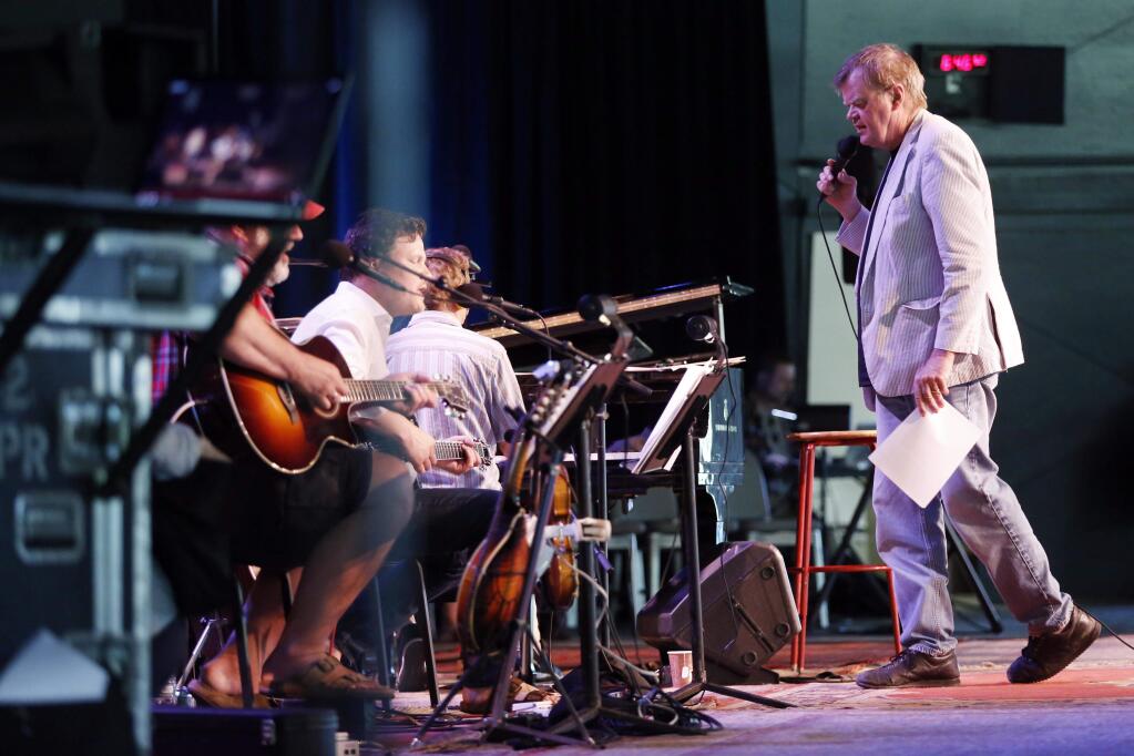 A Prairie Home Companion host Garrison Keillor rehearses with the band at Tanglewood in Lenox, Mass., the night before one of his final shows before retiring. Friday, June 24, 2016. (Stephanie Zollshan/The Berkshire Eagle via AP) MANDATORY CREDIT