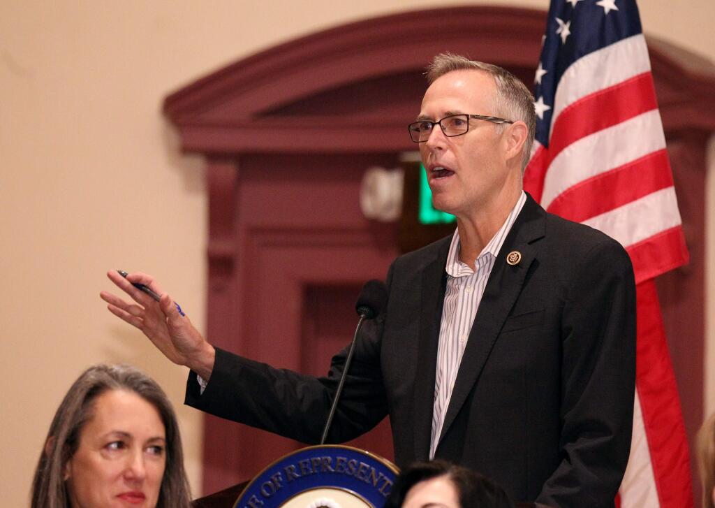 Rep. Jared Huffman, D-Calif., talks to a crowd at a student summit about school safety and gun prevention at Dominican University of California, in San Rafael, on Sunday, March 18, 2018. (Photo by Darryl Bush / For The Press Democrat)