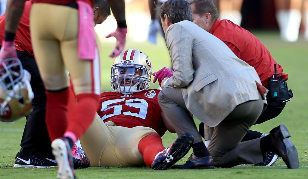 Aaron Lynch was one of several 49ers to be injured against Tampa Bay at Levi's Stadium in Santa Clara, Sunday Oct. 23, 2016. (Kent Porter / The Press Democrat) 2016