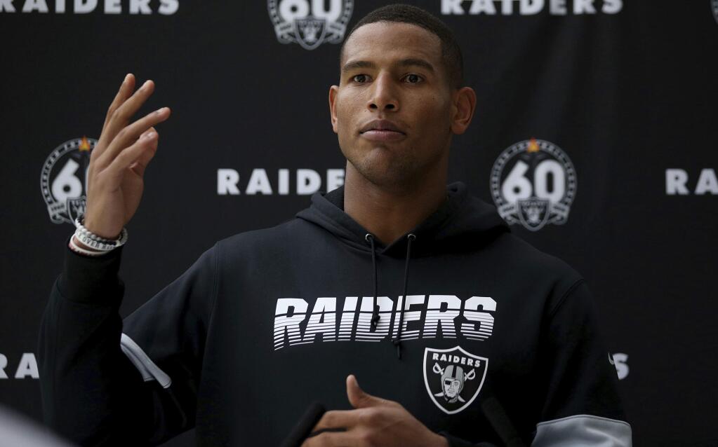 Oakland Raiders Darren Waller attends a press conference during the media day at The Grove Hotel, Watford, England, Friday, Oct. 4, 2019. The Oakland Raiders are preparing for an NFL regular season game against the Chicago Bears in London on Sunday. (Steven Paston/PA via AP)