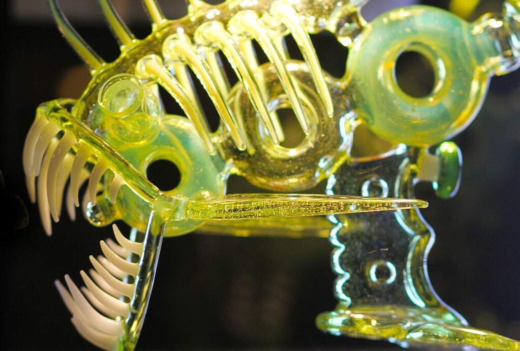 Functional smoking art glass to celebrate 420 at Peacepipe in Santa Rosa, CA. These original glass pieces, used for smoking (or just for looking at) can range from $200 to $60,000. Artist: Buck Darby. Photo: Heather Irwin/PD