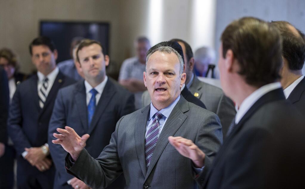 Florida Speaker of the House Richard Corcoran speaks as the Republican leadership in the House and Senate lay out their school safety proposal during a press conference at the Florida Capitol in Tallahassee, Fla., Feb 23, 2018. (AP Photo/Mark Wallheiser)
