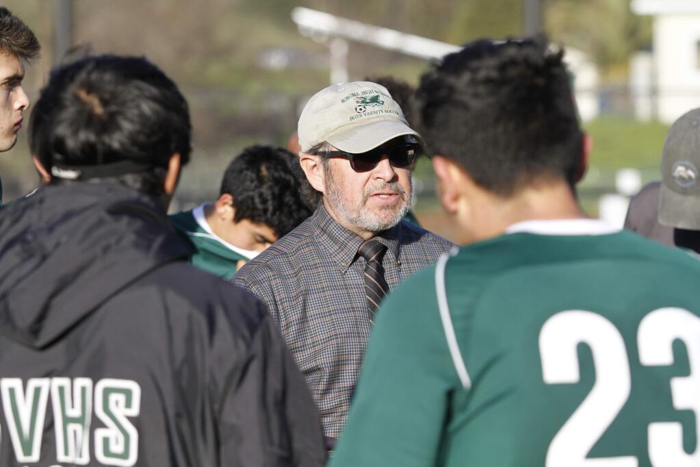 Bill Hoban/Index-TribuneSonoma boys soccer Coach Pedro Merino talks to his team at halftime during a recent playoff game. Merino was named the SCL's boys soccer Coach of the Year.