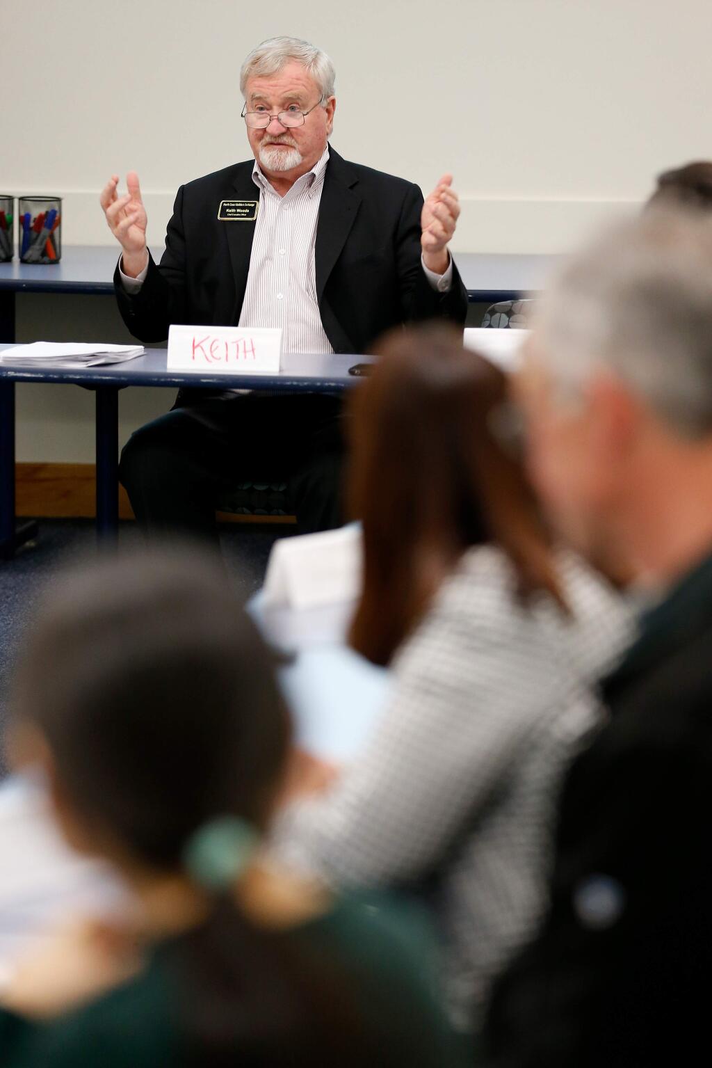 Guest speaker Keith Woods, CEO of North Coast Builders Exchange, gives a presentation during a block captains meeting at the Sonoma County Administration Center in Santa Rosa, California, on Thursday, January 24, 2019. (Alvin Jornada / The Press Democrat)