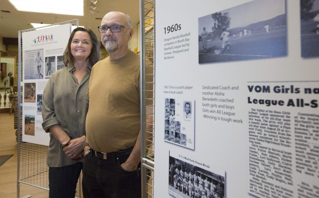 Lorrie Fulton, of the Sonoma Valley HistoricalSociety, and volunteer Michael Acker were instrumental in bringing about the newest exhibition, 'Baseball in the Valley' at the Depot Museum on First St. West. It features photographs and ephemera gathered through the years from baseball and softball games played in the Valley by semi-pros, schools and little leagues. It is currently open and will run through Dec. 1. (Photo by Robbi Pengelly/Index-Tribune)