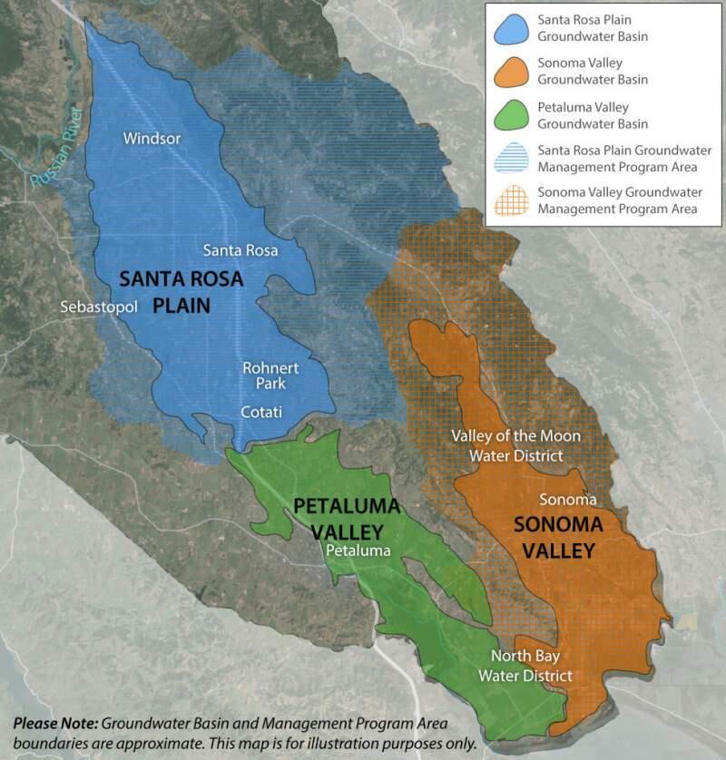 Map of the three groundwater basins in Sonoma County for which GSA's are being formed. (Sonoma County Groundwater Association)