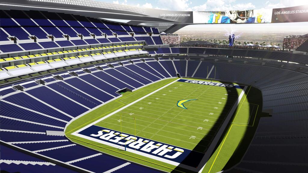 An artist's rendering provided by Carson2gether shows the interior a proposed stadium that would house both the Chargers and the Raiders NFL football teams in Carson, Calif. New designs for the proposed NFL stadium in the Los Angeles area include simulated lightning bolts for the San Diego Chargers and an eternal flame honoring late Oakland Raiders owner Al Davis. The thoroughly revamped stadium renderings for the $1.7 billion joint stadium planned by the two teams were released on Thursday, April 23, 2015.( Manica Architecture/Carson2gether via AP)