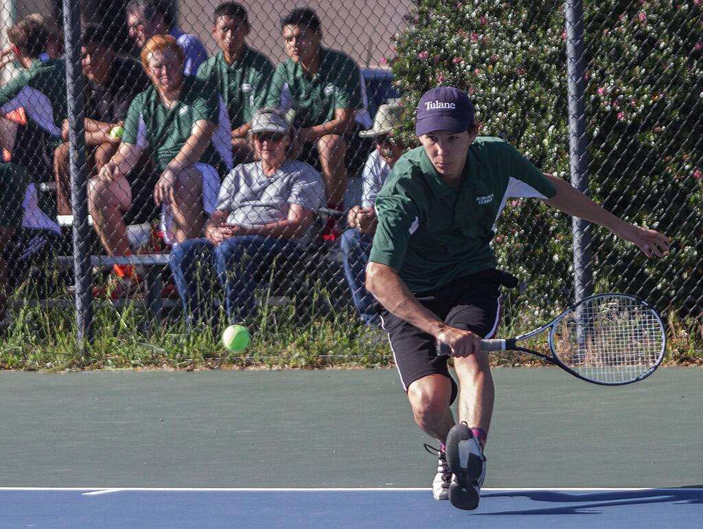Robbi Pengelly/Index-TribuneSenior Caleb Horowitz wins his singles match in helping lead the Dragons' shutout of SCL foe Healdsburg last Thursday on the high school courts.