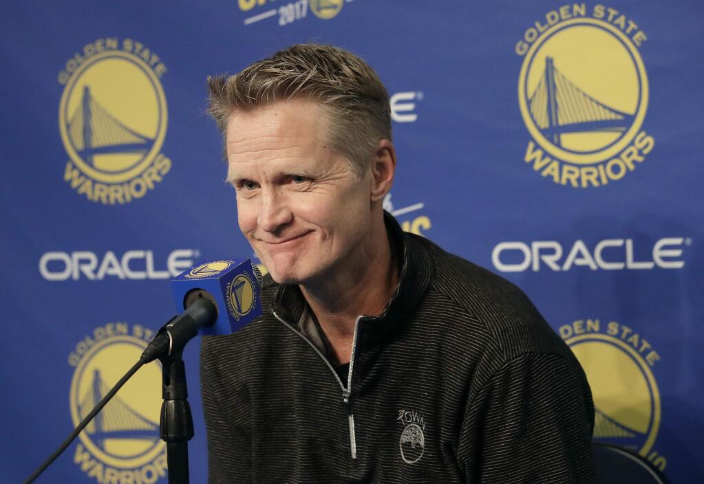 Golden State Warriors head coach Steve Kerr speaks at a news conference before a game between the Warriors and the Atlanta Hawks in Oakland, Tuesday, Nov. 13, 2018. (AP Photo/Jeff Chiu)