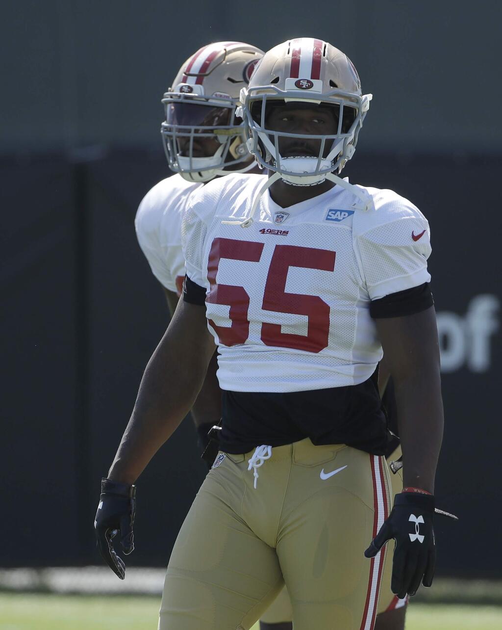 The San Francisco 49ers' Dee Ford at the team's training camp in Santa Clara, Monday, July 29, 2019. (AP Photo/Jeff Chiu)