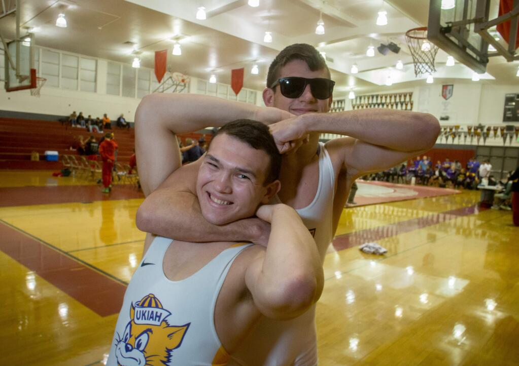 Ukiah senior wrestlers Cody Shepard, left, and Wyatt Myers both wrestle at the 170-pound weight class.(Jeremy Portje / For The Press Democrat)