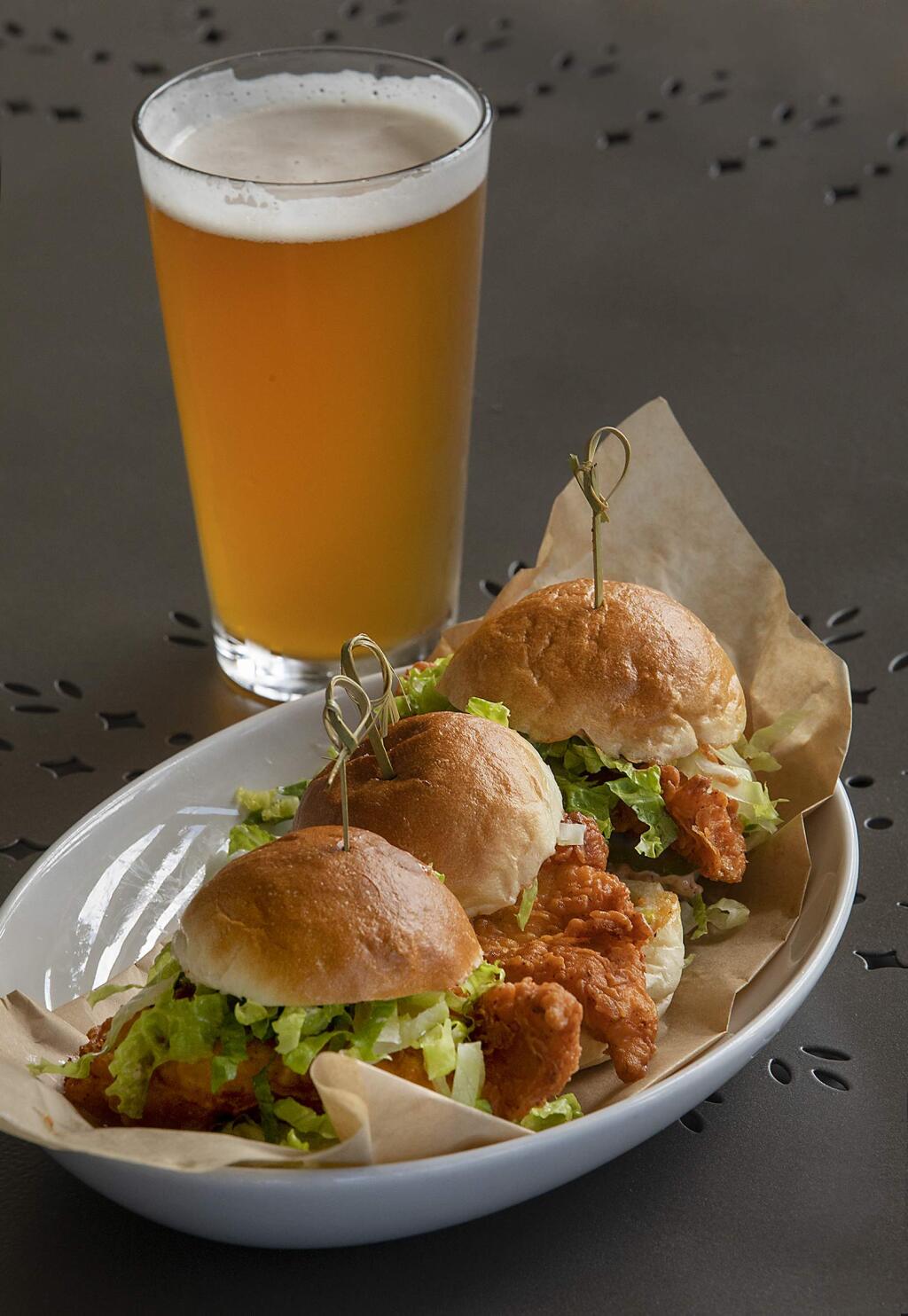 Fried Chicken Sliders with Cajun mayonnaise and dill pickle from Sweet T's Restaurant + Bar in Windsor. (photo by John Burgess/The Press Democrat)