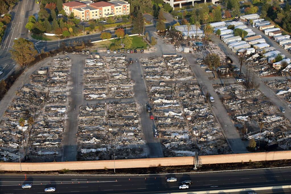 Mobile homes in the Journey's End park off Mendocino Ave. in Santa Rosa caused by the Tubbs fire. (John Burgess/The Press Democrat)
