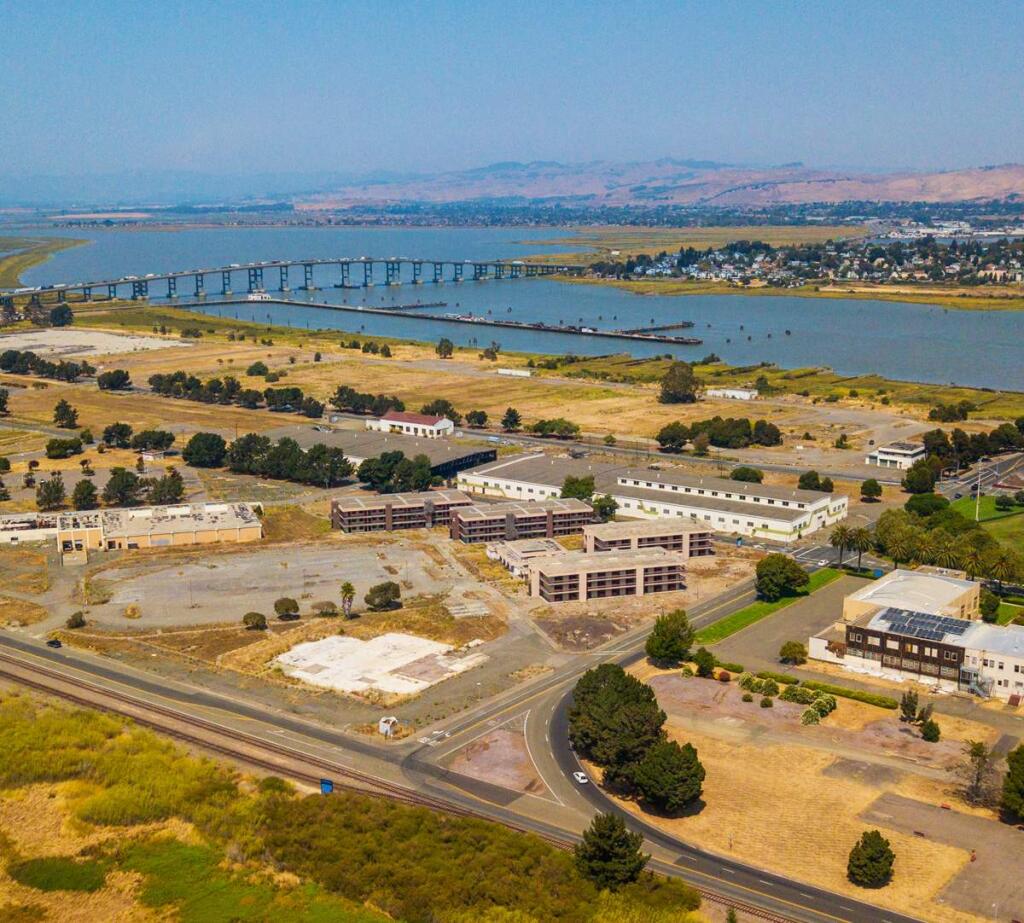 The six buildings in the left foreground of this view of Vallejo's north Mare Island are set for demolition July-August 2018 to prepare for redevelopment by the Nimitz Group. (CITY OF VALLEJO)