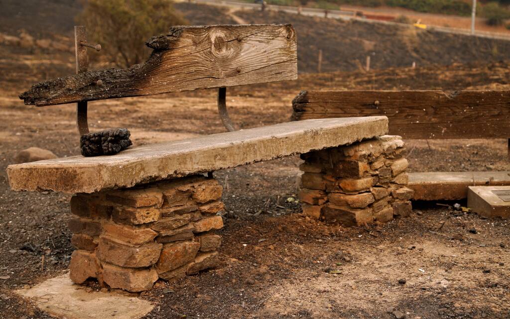 Fire Aftermath. This bench is all that remains of the historic Fountaingrove Round Barn. The aftermath of the fires that have spread through Sonoma, Napa and Mendocino counties have claimed 10 lives and over 1,500 structures Photos Will Bucquoy/ for the Press Democrat).