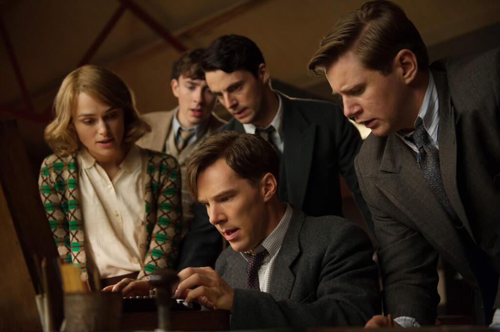 FILE - This image released by The Weinstein Company shows, clockwise from left, Keira Knightley, Matthew Beard, Matthew Goode, Allen Leech and Benedict Cumberbatch in a scene from the film, 'The Imitation Game.' (AP Photo/The Weinstein Company, Jack English)
