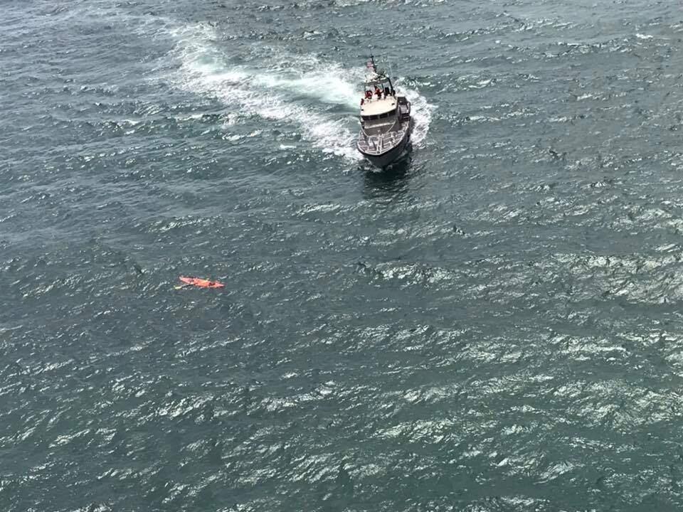 A U.S. Coast Guard motor life boat homes in on an empty kayak Sunday during a search for a missing kayaker on the Sonoma Coast. The missing man was later pulled from the water and taken to a local hospital for treatment of hypothermia.Photo courtesy of the Sonoma County Sheriff's Office, Henry 1.