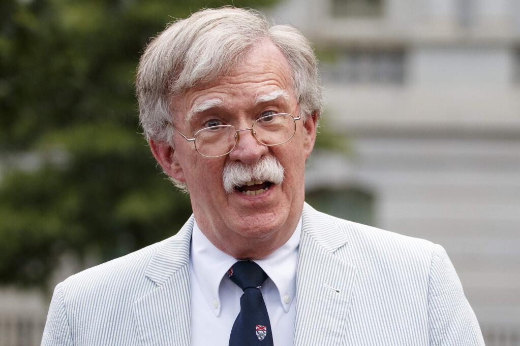 FILE - In this July 31, 2019 file photo, National security adviser John Bolton speaks to media at the White House in Washington. (AP Photo/Carolyn Kaster)