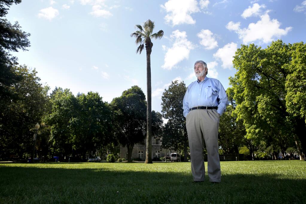 Robert Demler, of the Sonoma League for Historic Preservation, is spearheading an effort to create a statue of General Vallejo, to be placed here in the Sonoma Plaza. Photo taken in Sonoma, on Sunday, April 24, 2016. (BETH SCHLANKER/ The Press Democrat)