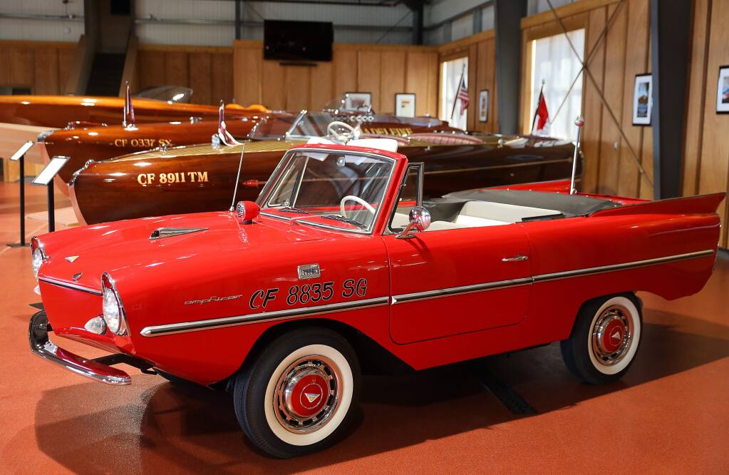 The German produced Amphicar, which operates on both land and water, on display at Boatique Winery.(Christopher Chung/ The Press Democrat)