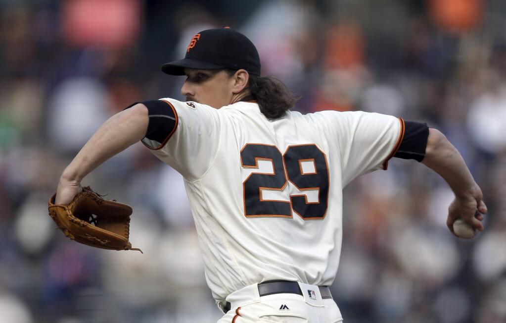 San Francisco Giants pitcher Jeff Samardzija works against the New York Mets in the first inning of a baseball game, Sunday, Aug. 21, 2016, in San Francisco. (AP Photo/Ben Margot)
