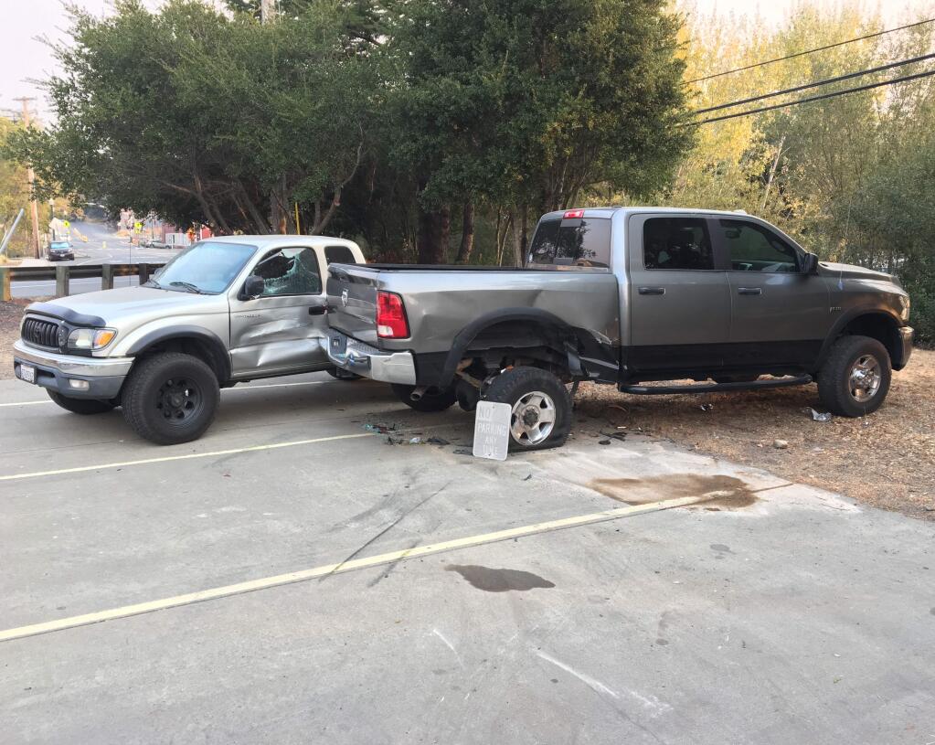 A pickup driver plowed through the fence surrounding Rancho Adobe's Penngrove station early Monday, Oct. 16, 2017, damaging two vehicles owned by firefighters battling the Nuns fire. (RANCH ADOBE FIRE)