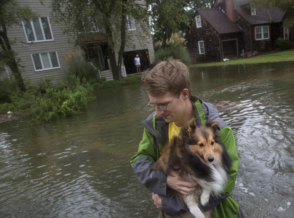 Fred Lenihan carries Ollie, a six-year-old Sheltie, through floodwaters in Larchmont after Hurricane Dorian brought heavy wind and rain to Norfolk, Va., on Friday, Sept. 6, 2019. (Kaitlin McKeown/The Virginian-Pilot via AP)